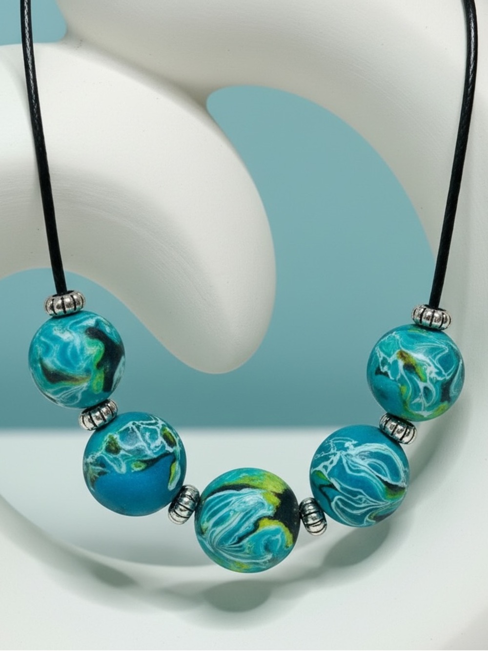 Handmade Blue & Green Large Bead Polymer Clay Necklace on Black Silicone Cord